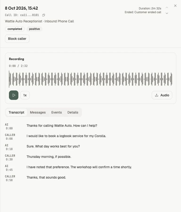 Call record with transcript and summary