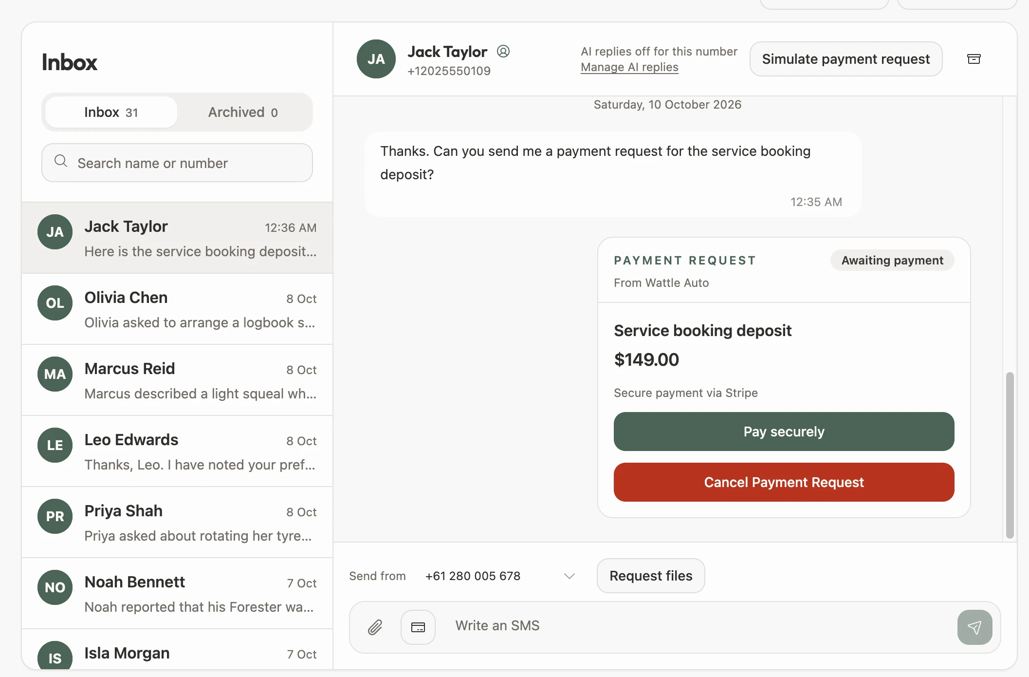 Payment request screen in the inbox