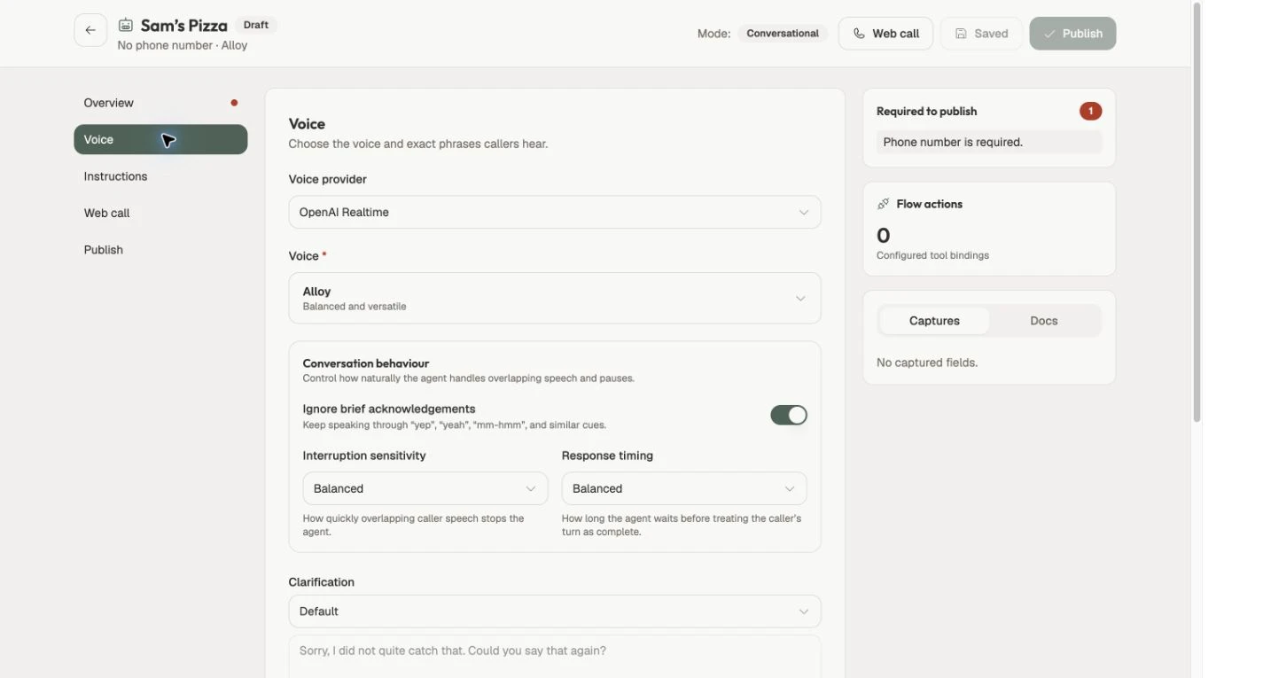 Voice agent settings and call flow