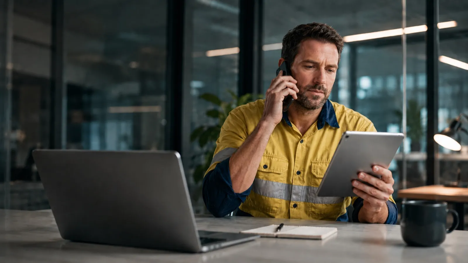 Person in workwear taking a phone call while using a tablet.